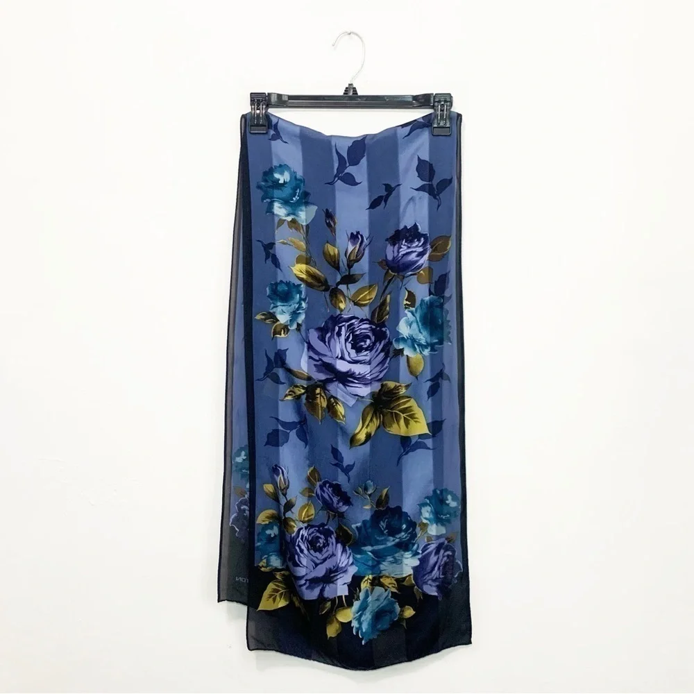 Vintage Halston Red 100% Silk Blue/Green Floral Rose Bandana Scarf Made in Korea